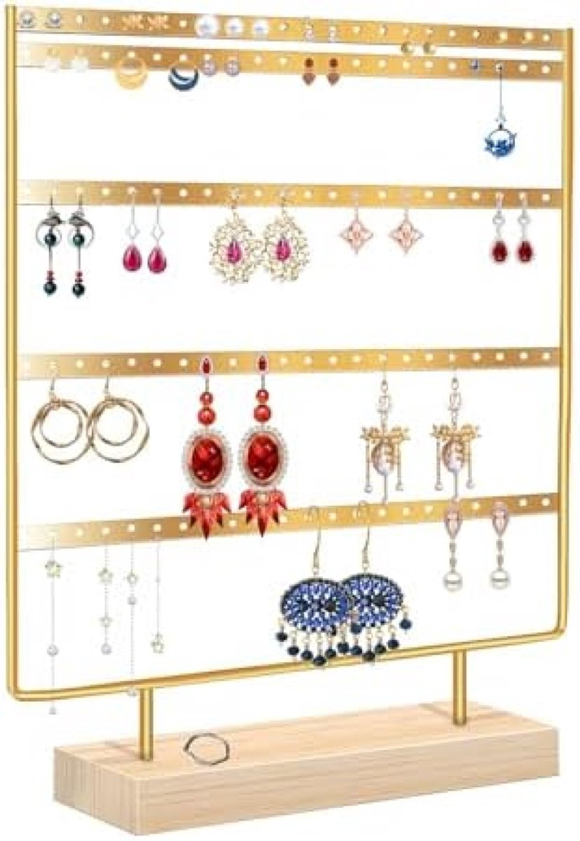 PromoHome 5-laags sieradenstandaard - Oorbelhouder met houten basis - Metaal display voor oorbellen, halskettingen en sieraden - Elegante organizer voor vrouwen en meisjes