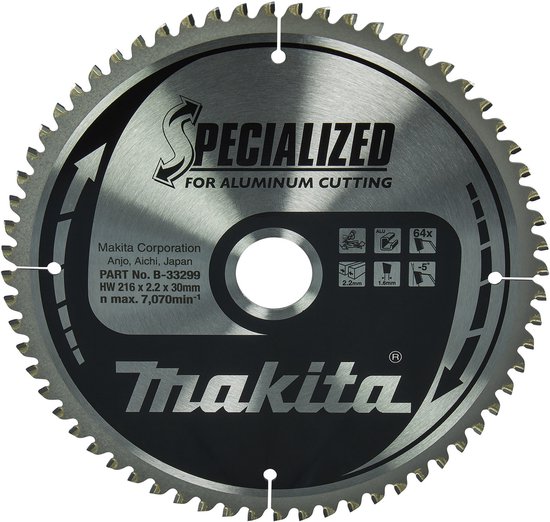 Makita Specialized zaagblad voor aluminium. 216 x 2.2 x 30mm met 64 tanden.