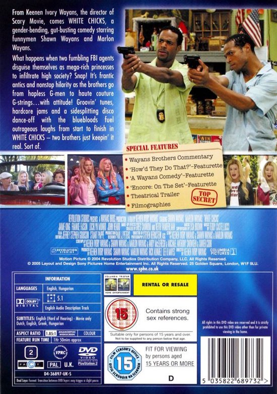 Achterkant van de "White Chicks" DVD. Met synopsis, speciale kenmerken en filmclassificatie.