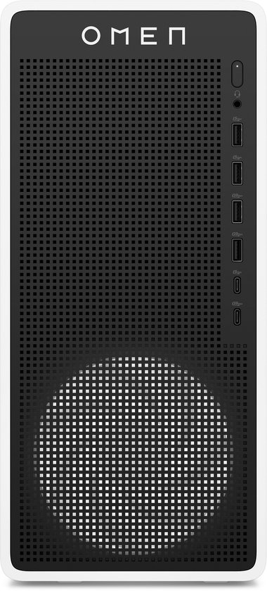Witte OMEN desktop computer met zwart geperforeerd voorpaneel en cirkelvormige ventilatie aan de onderkant.