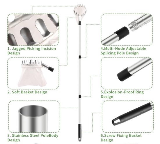 Fruitplukker - Appelplukker - Lange fruitpluktool met telescopische steel - Fruitgrijper met telescopische steel en opbergtas - Fruitpluktool voor kersen, bessen, sinaasappels, peren, citroenen - Snoeigereedschap - 4M - Zilver / Groen — afbeelding 3