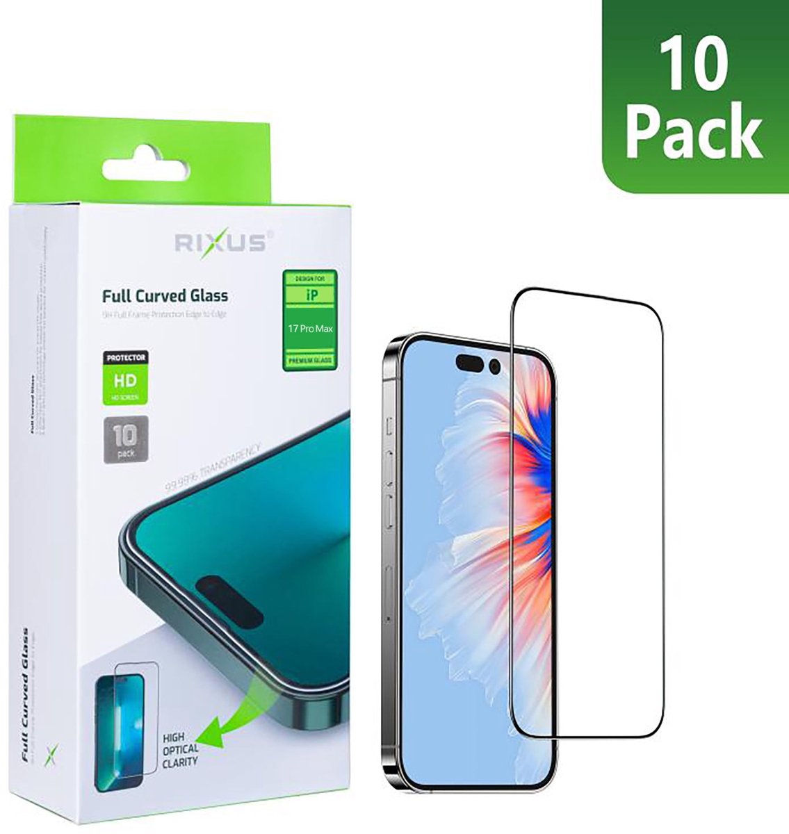 Rixus Clear HD Full Curved Edge Tempered Glass For Apple iPhone 17 Pro Max (10-Pack)