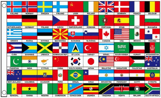 Internationale versiering Vlag - met 70 landen - 150 x 90 cm - polyester - met ringen - decoratie - sport - wereld