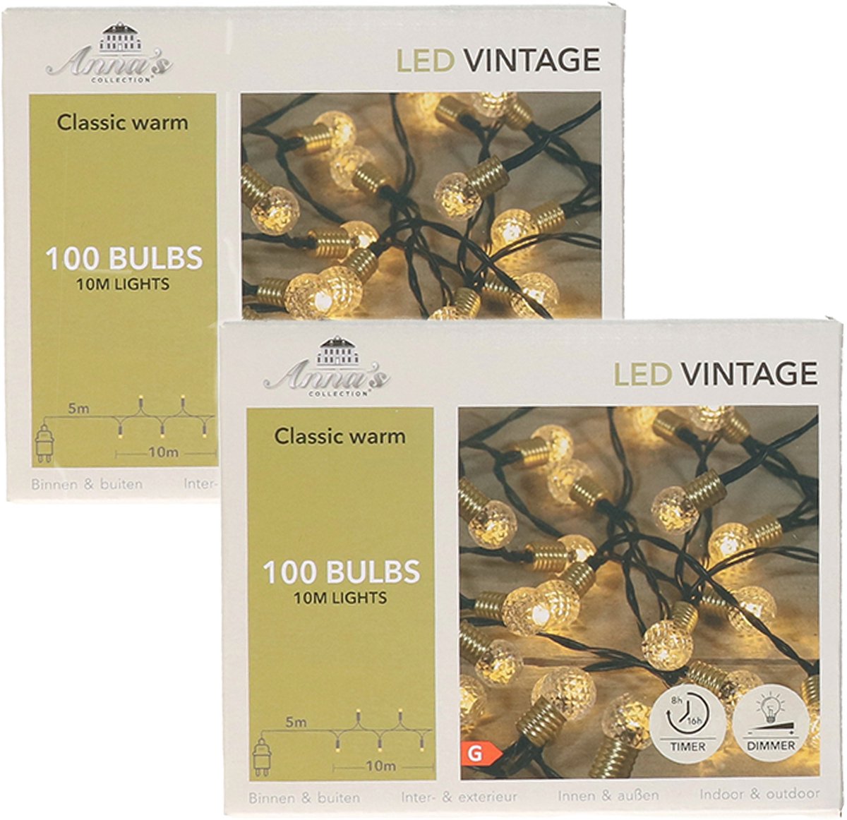 Anna's Collection Kerstverlichting LED - 2x - 100 leds - 10m - warm wit - dimmer - vintage look