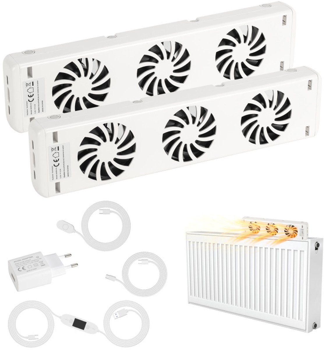 Drie windopeningen -Radiator ventilator Duo set - Digitaal display - Instelbare temperatuurinstelling - Energiezuinig - Geschikt voor bijna alle typen radiatoren - Verwarming ventilatie