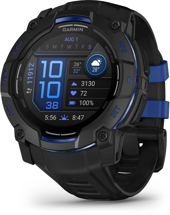 Zwarte Garmin smartwatch met blauwe accenten en informatie op het scherm.