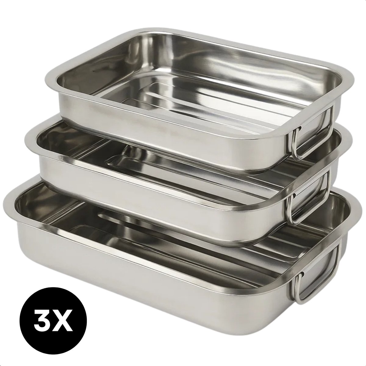 Lomera Braadslee Set - Ovenschaal Rvs - Set van 3 - Bakvormen met Handvaten - Ovenbestendig - Roestvrij Staal - Rechthoekige Ovenschaal - Stapelbare Braadslee - Vlees Braden