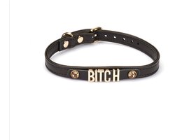Liebe Seele - Smalle Collar Met Gouden Letters en Sierkristallen - Bitch - Italiaans Kwaliteitsleder - Zwart