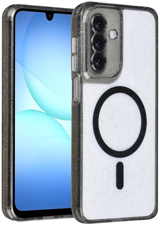 Een transparant glitter telefoonhoesje met zwarte MagSafe cirkel en cameralensrand. Naast een smartphone.
