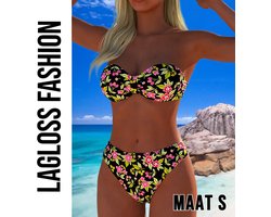 LaGloss® Trendy Strapless Bikini Set – 2-delige Bloemenprint Badmode voor Dames – Strapless Top & Bikini Slip – Maat S