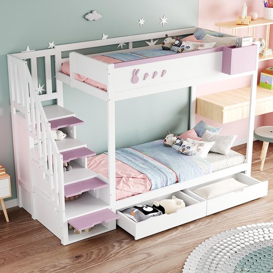 Kinderbed 90*200/140*200 Cm, Massief Houten Stapelbed Met Glijbaan En Plank Met Veiligheidstreden Uitschuifbed En Lattenbodem Wit