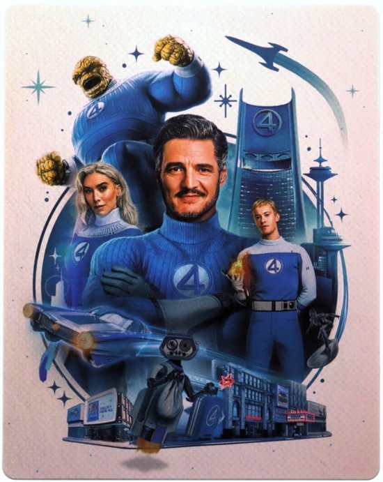 Poster met de Fantastic Four, waaronder Reed Richards, Sue Storm, Ben Grimm en Johnny Storm, met een futuristische auto en gebouwen.