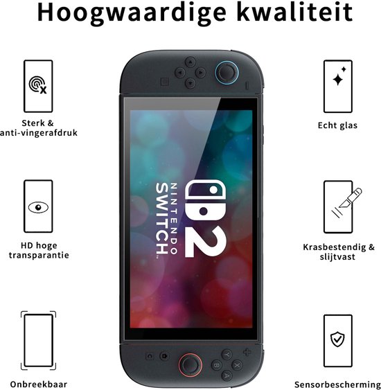 Nintendo Switch met 6 iconen die kenmerken tonen: sterk, anti-vingerafdruk, echt glas, krasbestendig, HD, onbreekbaar. "Hoogwaardige kwaliteit".