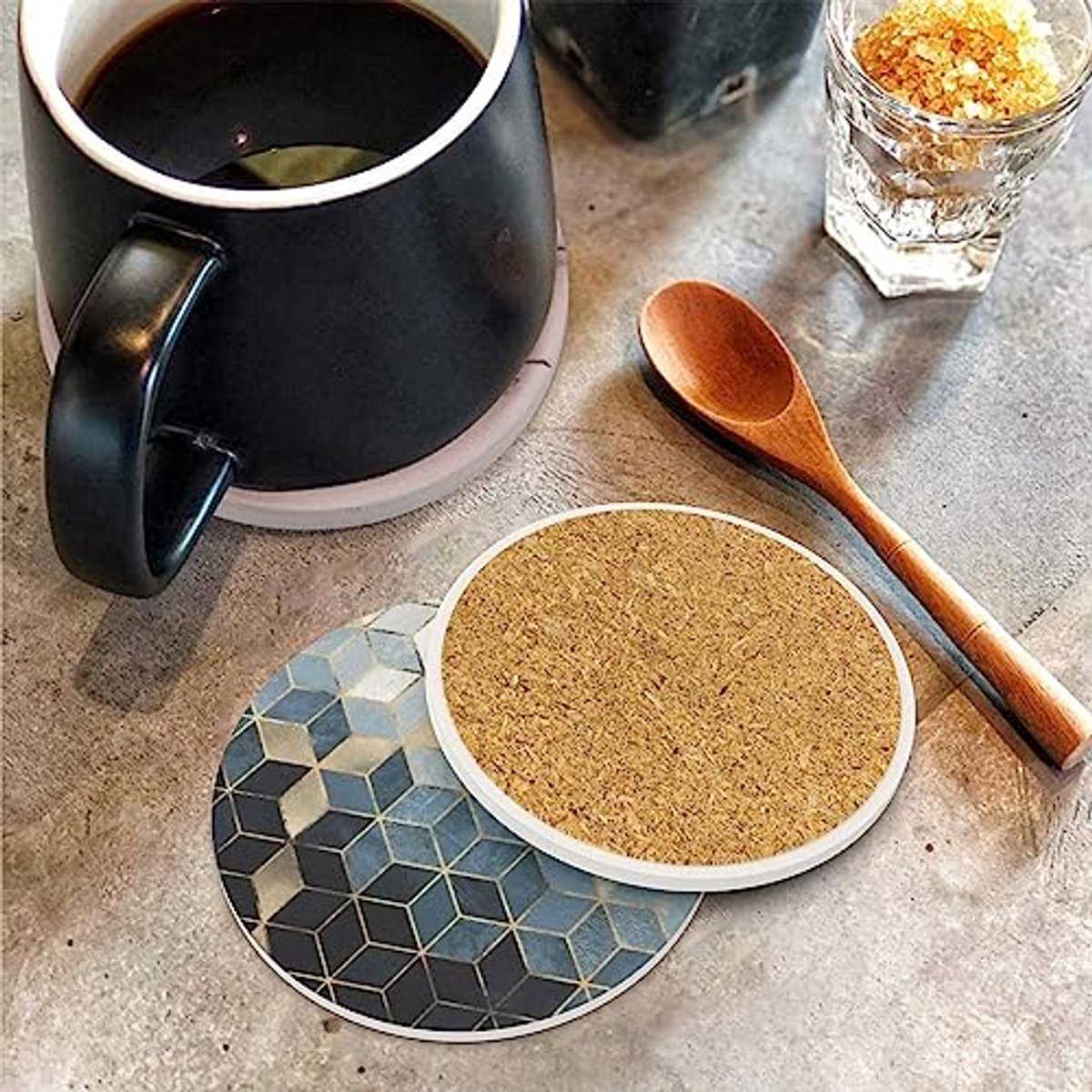 Set van 4 Absorberende Ronde Onderzetters - Decoratieve Keramische Onderzetters met Kurkbasis voor Mokken en Bekers — cadeau in Wonen & Interieur - foto 4