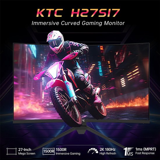 Gebogen KTC H27S17 27-inch gaming monitor met 1500R curve, 180Hz, 1ms, HDR10, 120% sRGB, toont coureur op motor.