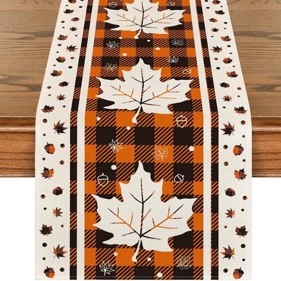 1 stuk 33*183cm Buffalo Plaid Herfstbladeren Tafelloper - Herfst Esdoornbladeren en Eikelpatroon voor Thanksgiving Day, Huisbijeenkomsten, Keuken, Schoorsteenmantel, Eettafeldecoraties
