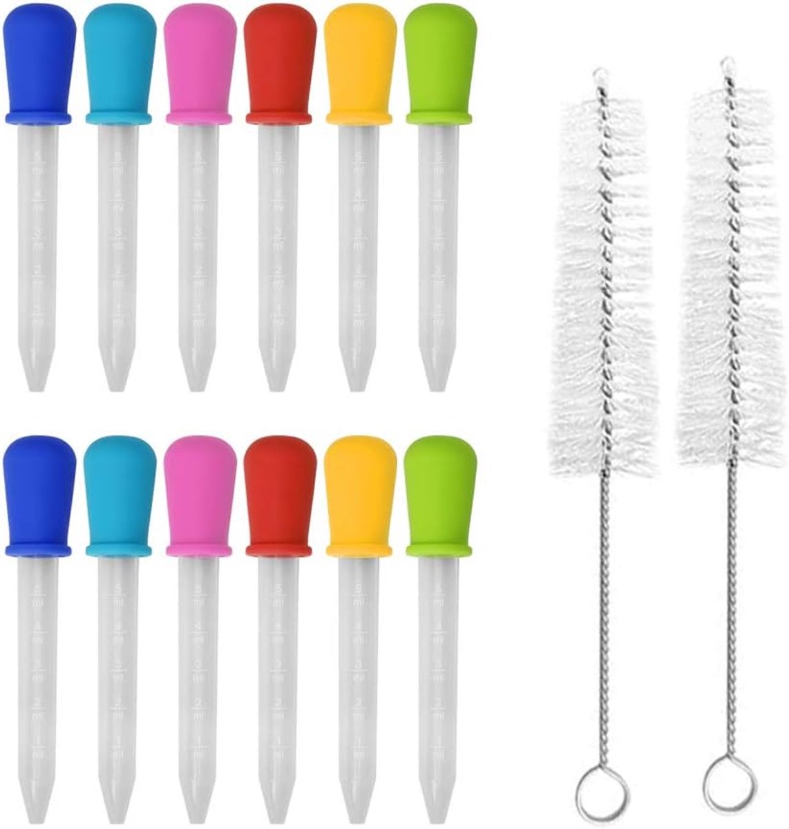 Pipetflesje - 12 Stuks - Pipet Set - 5ml - Vloeistof druppelaars - Siliconen druppelaar - Druppelteller - Pipetten voor Vloeistoffen - met 2 borstels -voor kinderen snoepvormen, Jello-vormen, knutselprojecten