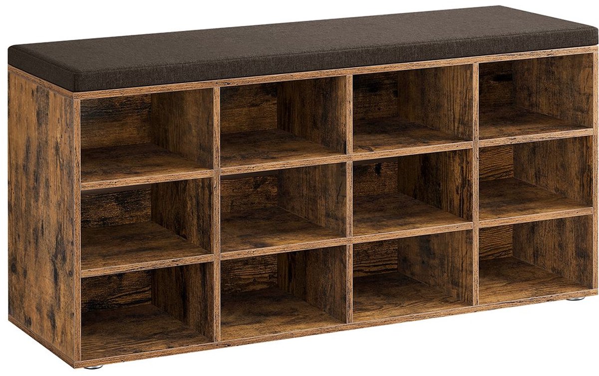 Schoenenbank Schoenenrek Opbergkast met 12 open vakken en zacht, comfortabel kussen Max. belasting 200 kg Geschikt voor hal en slaapkamer 30.3 x 104 x 48 cm bruin