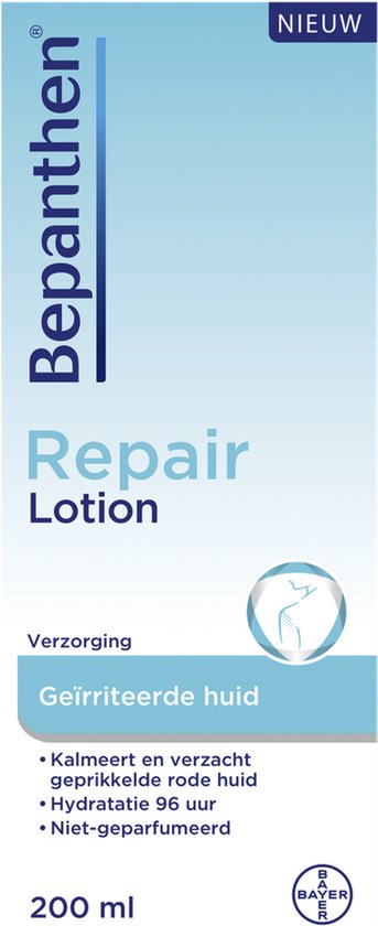 Verpakking van Bepanthen Repair Lotion, 200 ml, voor verzorging van geïrriteerde huid.