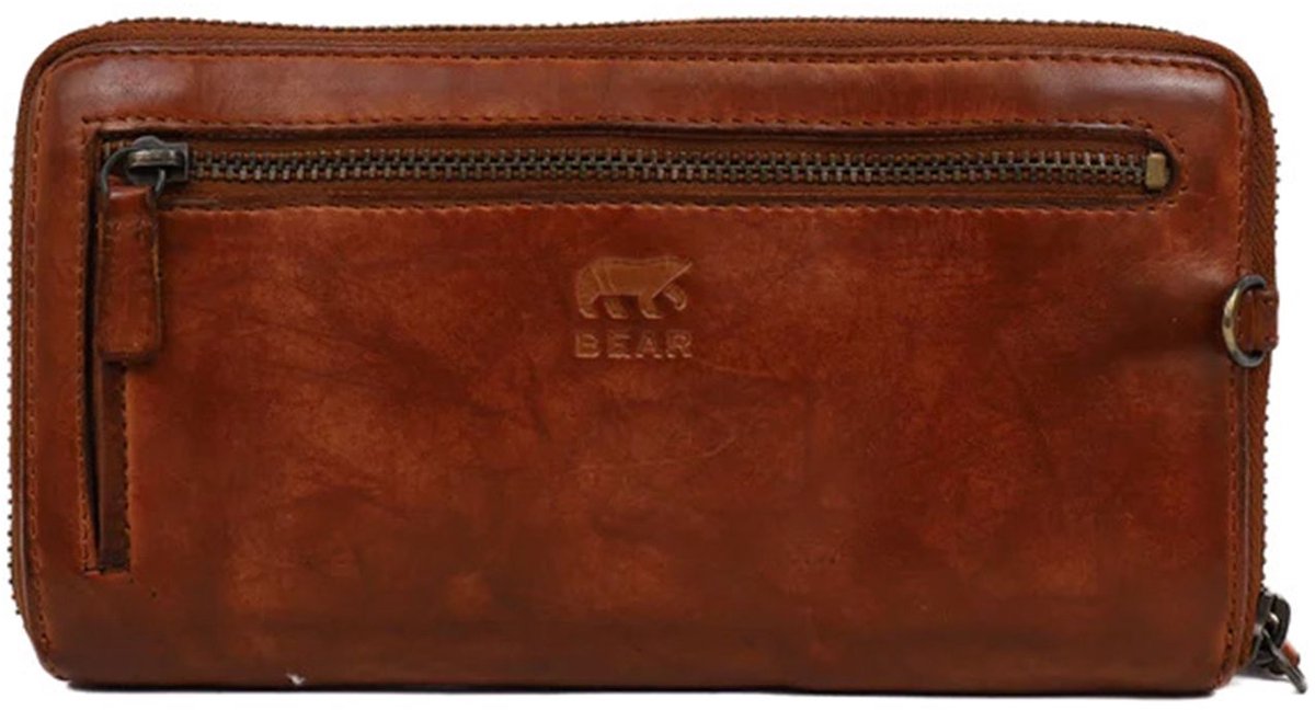 Bear Design Demi Leren Ritsportemonnee - Cognac