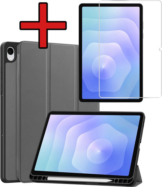 Hoesje - Geschikt voor Samsung Galaxy Tab S11 - Met Screenprotector - Trifold Bookcase Hoes - Hard Cover Case - Met Uitsparing Geschikt voor S Pen - Hardcover Book - Tablethoes - Grijs