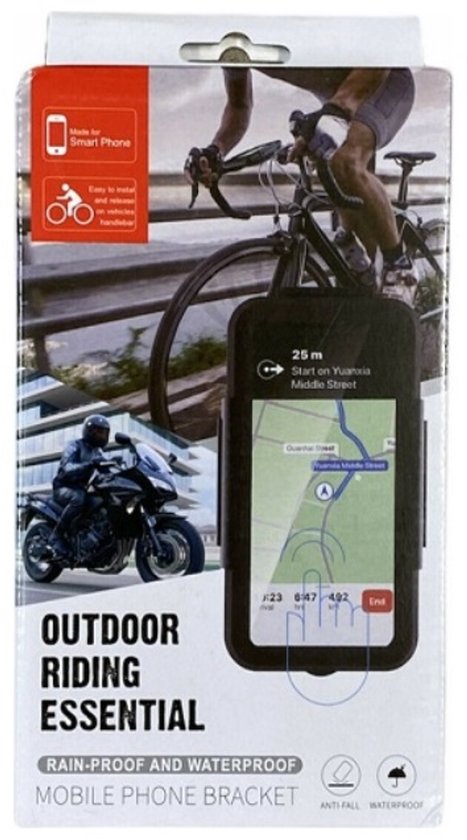Verpakking voor smartphonehouder voor buitenrijden. Toont fietsen en motorrijden. "Outdoor Riding Essential".