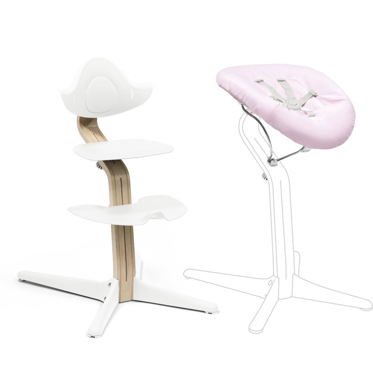 Stokke Nomi stoel (wit) met set voor pasgeborenen (wit/grijs roze) - Inclusief 5-punts veiligheidsharnas en omkeerbare, wasbare textielset - Kan tot 150 kg dragen