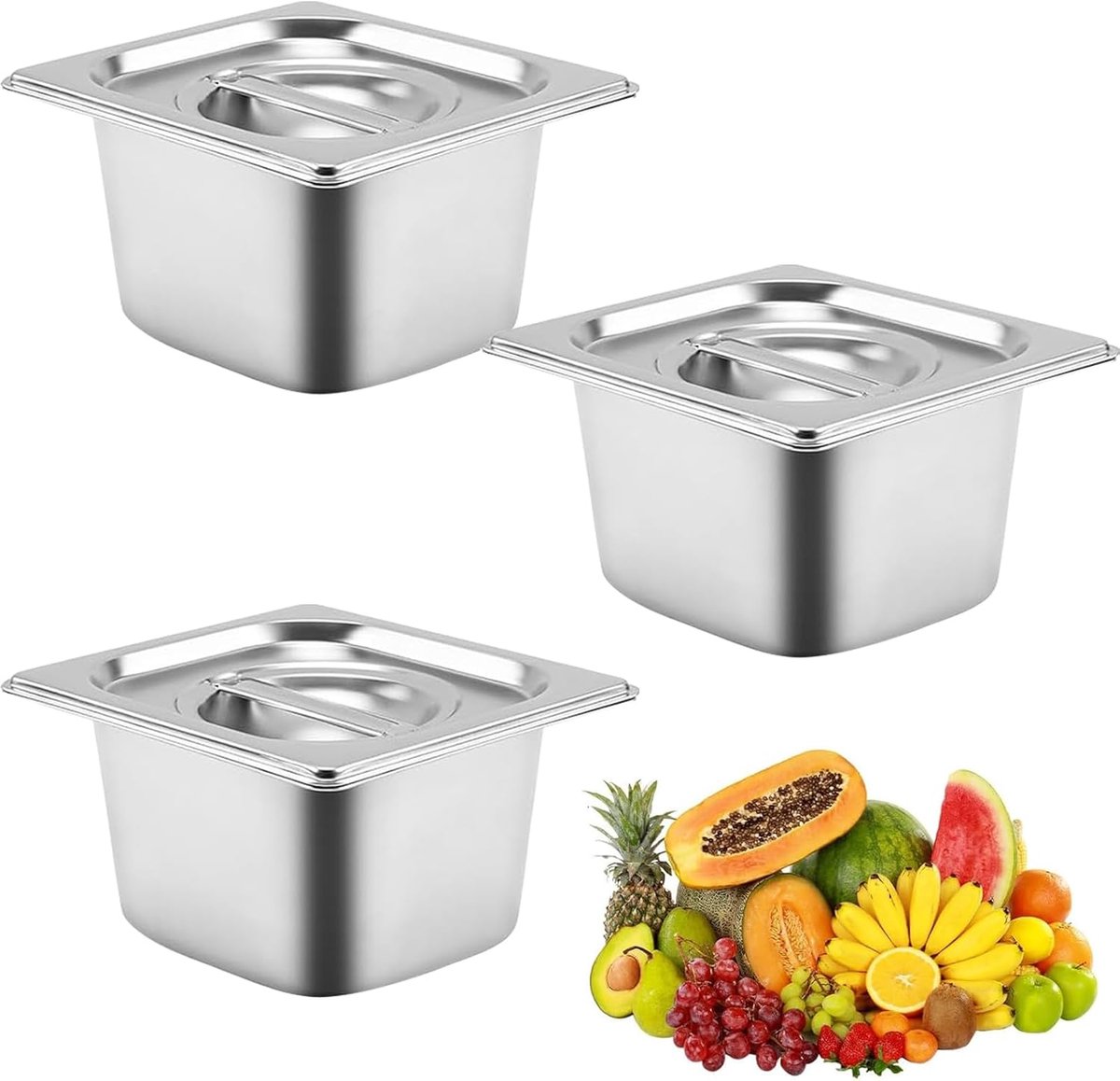 Paneerschalenset 3-delig - GN 1/6 container - paneerstraat - gastronormcontainer roestvrij staal met deksel - vaatwasser - vriezer voor kaas - vlees - zilver - 17,5 x 16,5 x 10 cm
