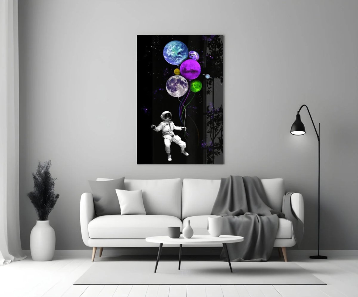 Glasschilderij Astronaut met Planeten Ballon – Ruimte Wanddecoratie – Modern Kinderkamer of Woonkamer Decor - 72x46 cm