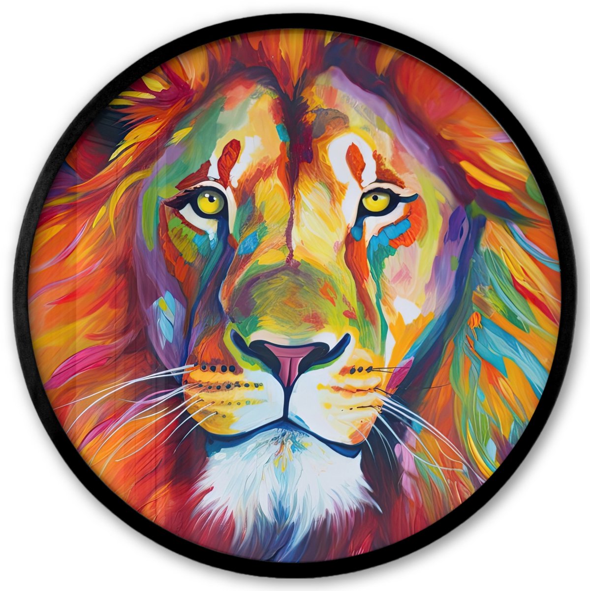 FrameYourWall Poster in lijst Rond - Fotolijst 40x40 cm - Posters - Leeuw - Dieren - Olieverf - Regenboog - Ronde posterlijst zwart - Decoratie - Wanddecoratie woonkamer - Muurdecoratie slaapkamer Leeuw - Verf