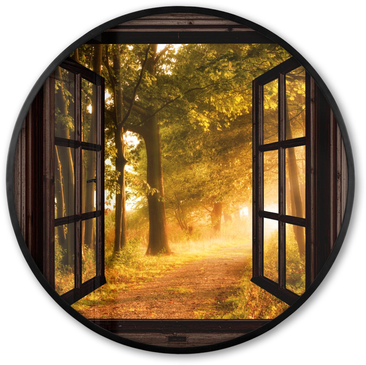 FrameYourWall Poster in lijst Rond - Fotolijst 80x80 cm - Posters - Bos - Bomen - Zonlicht - Herfst - Bospad - Natuur - Doorkijk - Ronde posterlijst zwart - Decoratie - Wanddecoratie woonkamer - Muurdecoratie slaapkamer Bruin