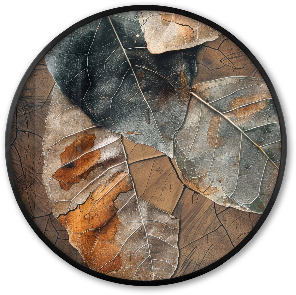 FrameYourWall Poster in lijst Rond - Fotolijst 80x80 cm - Posters - Bladeren - Bruin - Herfst - Natuur - Ronde posterlijst zwart - Decoratie - Wanddecoratie woonkamer - Muurdecoratie slaapkamer