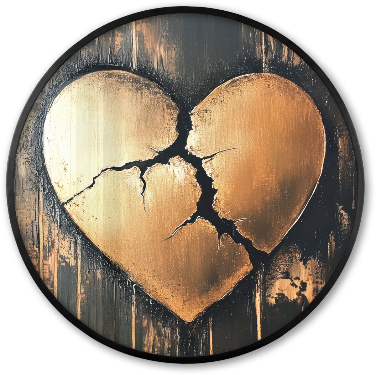 FrameYourWall Poster in lijst Rond - Fotolijst 60x60 cm - Posters - Gebroken hart - Goud - Houtlook - Liefde - Ronde posterlijst zwart - Decoratie - Wanddecoratie woonkamer - Muurdecoratie slaapkamer