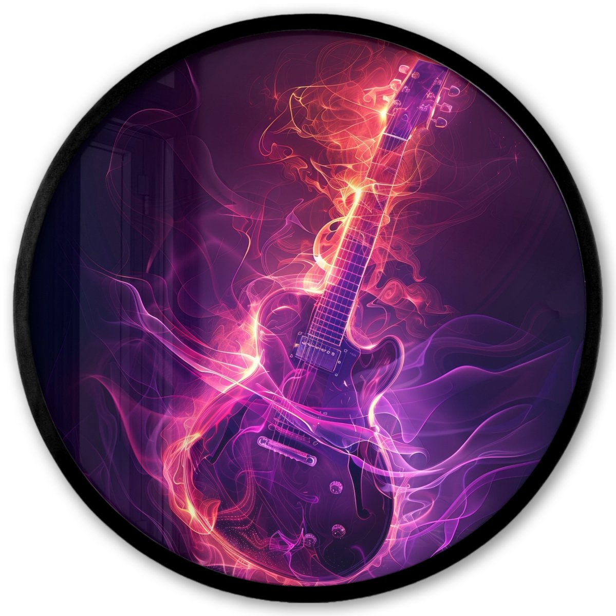 FrameYourWall Poster in lijst Rond - Fotolijst 40x40 cm - Posters - Gitaar - Muziek - Rook - Paars - Ronde posterlijst zwart - Decoratie - Wanddecoratie woonkamer - Muurdecoratie slaapkamer Gitaar - Neon