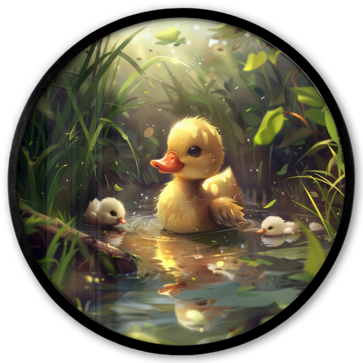 FrameYourWall Poster in lijst Rond - Fotolijst 40x40 cm - Posters - Eendjes - Dieren - Natuur - Ronde posterlijst zwart - Decoratie - Wanddecoratie woonkamer - Muurdecoratie slaapkamer