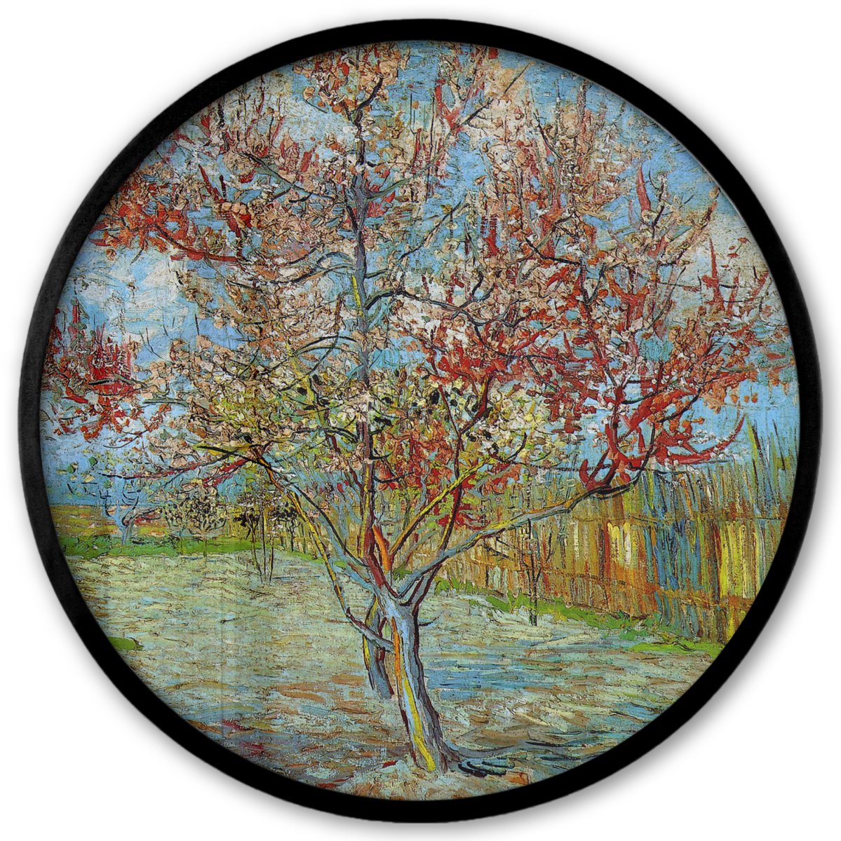 FrameYourWall Poster in lijst Rond - Fotolijst 40x40 cm - Posters - De roze perzikboom - Vincent van Gogh - Ronde posterlijst zwart - Decoratie - Wanddecoratie woonkamer - Muurdecoratie slaapkamer Multicolor