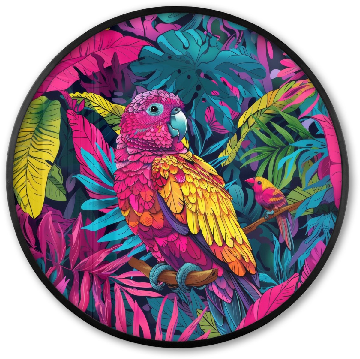FrameYourWall Poster in lijst Rond - Fotolijst 80x80 cm - Posters - Papegaai - Tropisch - Jungle - Kleurrijk - Ronde posterlijst zwart - Decoratie - Wanddecoratie woonkamer - Muurdecoratie slaapkamer