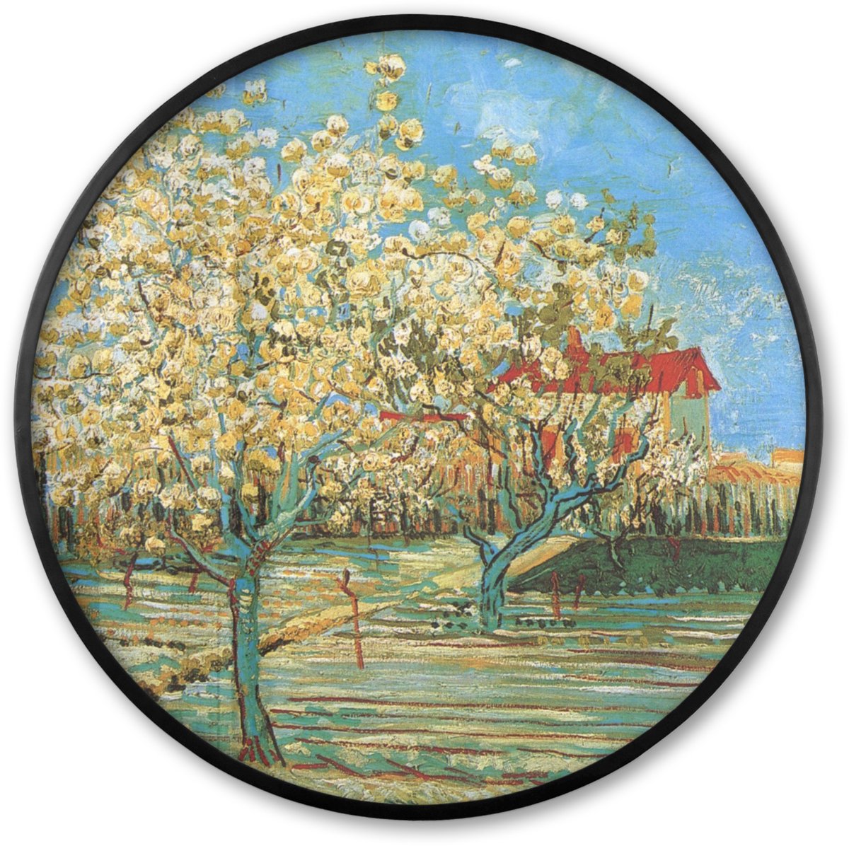 FrameYourWall Poster in lijst Rond - Fotolijst 80x80 cm - Posters - Boomgaard in bloei - Vincent van Gogh - Ronde posterlijst zwart - Decoratie - Wanddecoratie woonkamer - Muurdecoratie slaapkamer Multicolor