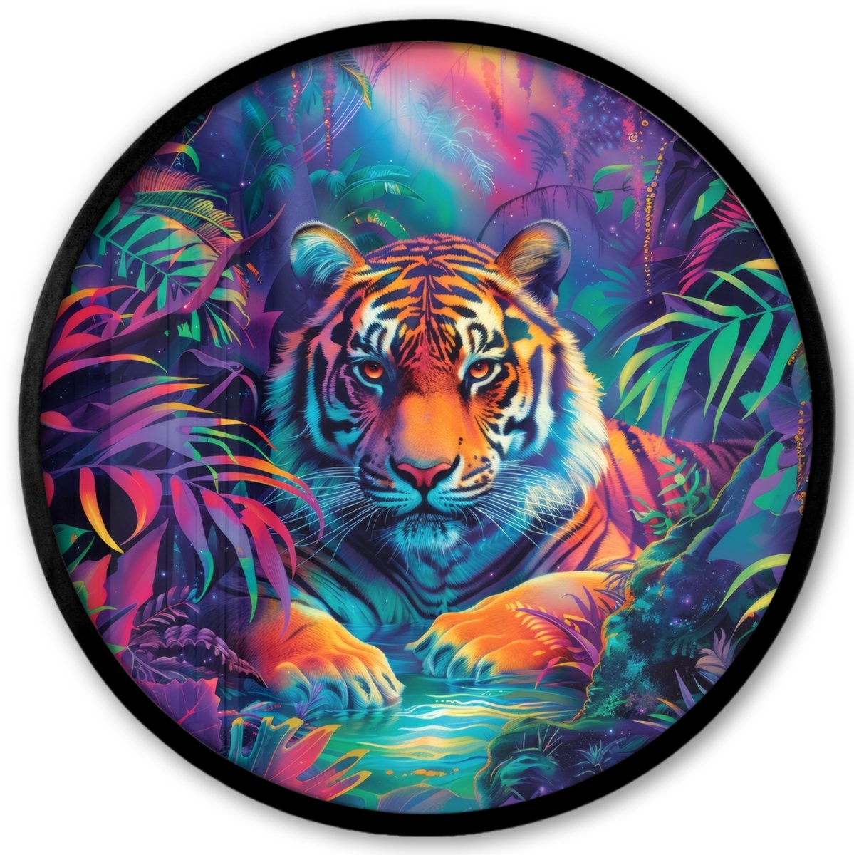 FrameYourWall Poster in lijst Rond - Fotolijst 40x40 cm - Posters - Tijger - Dier - Jungle - Kleurrijk - Ronde posterlijst zwart - Decoratie - Wanddecoratie woonkamer - Muurdecoratie slaapkamer Tijger - Tropisch