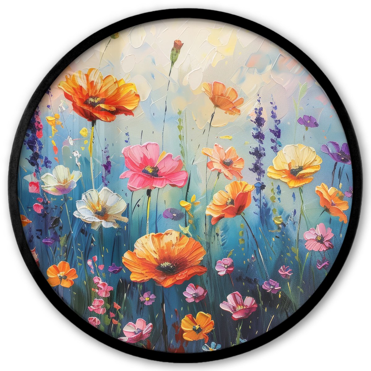 FrameYourWall Poster in lijst Rond - Fotolijst 40x40 cm - Posters - Bloemen - Natuur - Waterverf - Kunst - Ronde posterlijst zwart - Decoratie - Wanddecoratie woonkamer - Muurdecoratie slaapkamer Weidebloemen