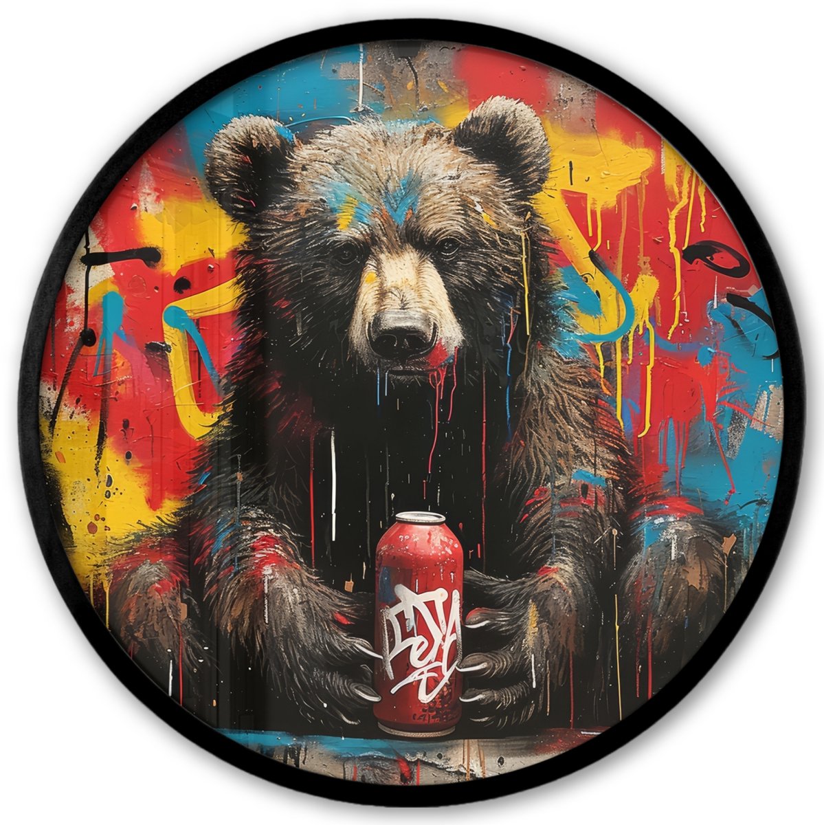 FrameYourWall Poster in lijst Rond - Fotolijst 40x40 cm - Posters - Graffiti - Beer - Dier - Muur - Street art - Ronde posterlijst zwart - Decoratie - Wanddecoratie woonkamer - Muurdecoratie slaapkamer