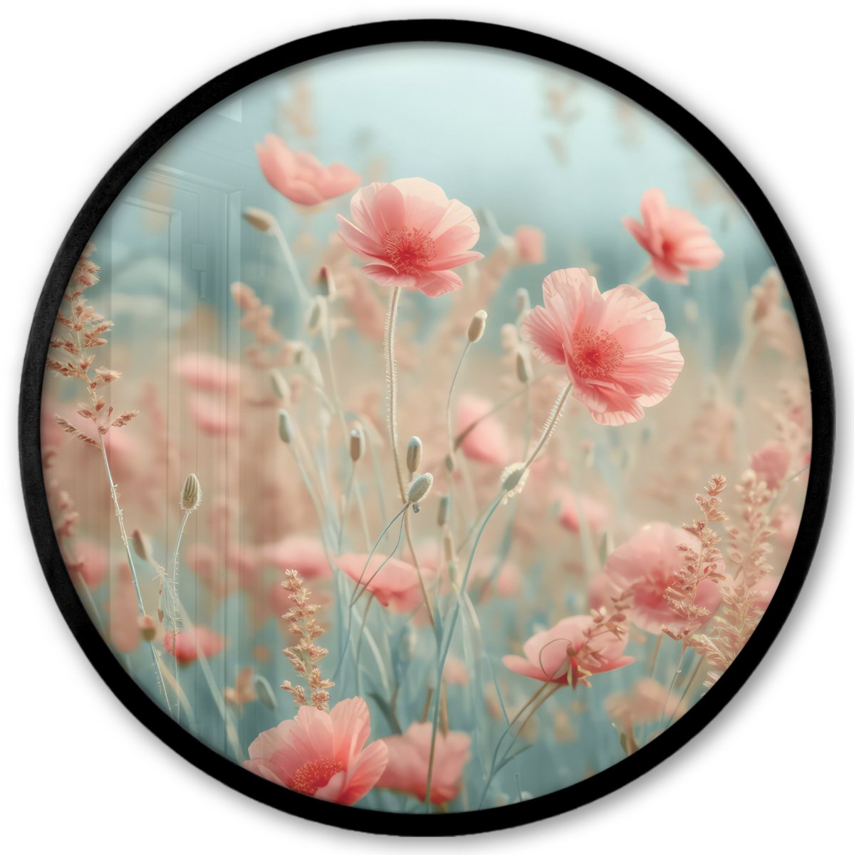 FrameYourWall Poster in lijst Rond - Fotolijst 40x40 cm - Posters - Bloemen - Natuur - Klaprozen - Bloemenveld - Ronde posterlijst zwart - Decoratie - Wanddecoratie woonkamer - Muurdecoratie slaapkamer