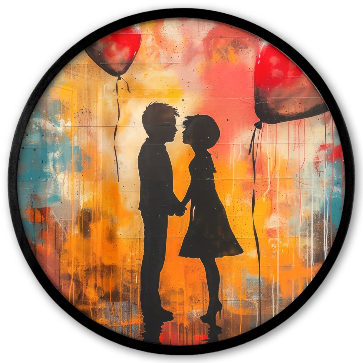 FrameYourWall Poster in lijst Rond - Fotolijst 40x40 cm - Posters - Street art - Liefde - Graffiti - Kunst - Aesthetic - Ronde posterlijst zwart - Decoratie - Wanddecoratie woonkamer - Muurdecoratie slaapkamer Graffiti - Stelletje