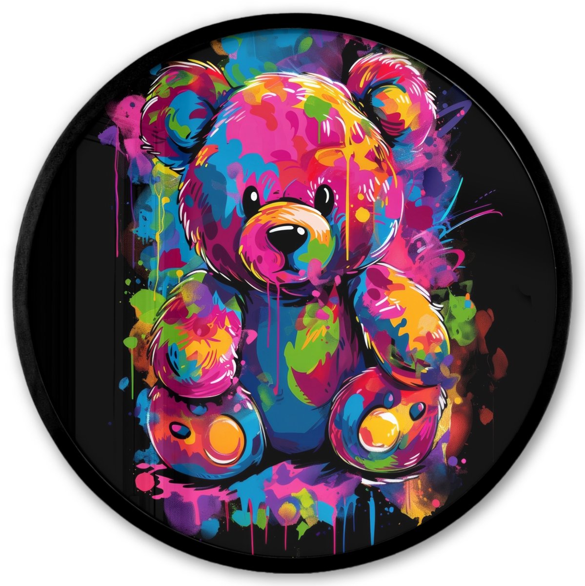 FrameYourWall Poster in lijst Rond - Fotolijst 40x40 cm - Posters - Beer - Verf - Kleurrijk - Knuffeldier - Ronde posterlijst zwart - Decoratie - Wanddecoratie woonkamer - Muurdecoratie slaapkamer