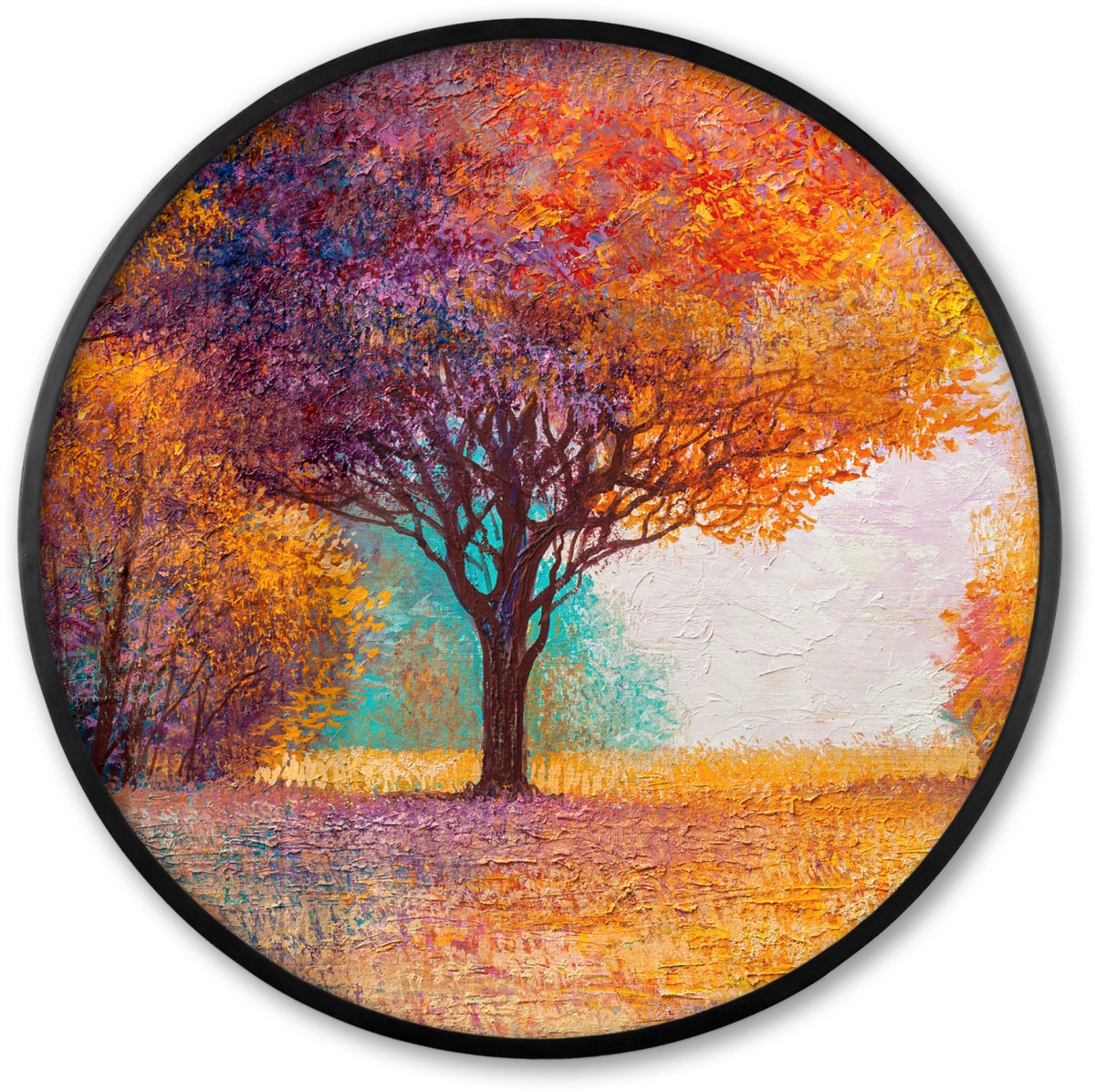 FrameYourWall Poster in lijst Rond - Fotolijst 80x80 cm - Posters - Olieverf - Schilderij - Boom - Kleuren - Ronde posterlijst zwart - Decoratie - Wanddecoratie woonkamer - Muurdecoratie slaapkamer Multicolor