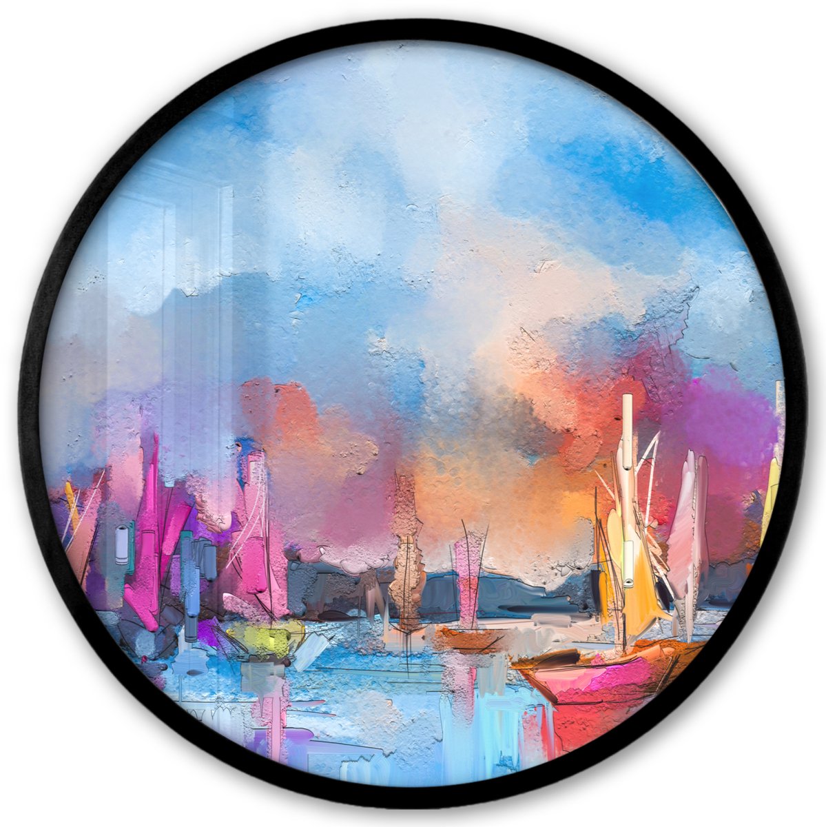 FrameYourWall Poster in lijst Rond - Fotolijst 40x40 cm - Posters - Schilderij - Boten - Water - Ronde posterlijst zwart - Decoratie - Wanddecoratie woonkamer - Muurdecoratie slaapkamer Multicolor