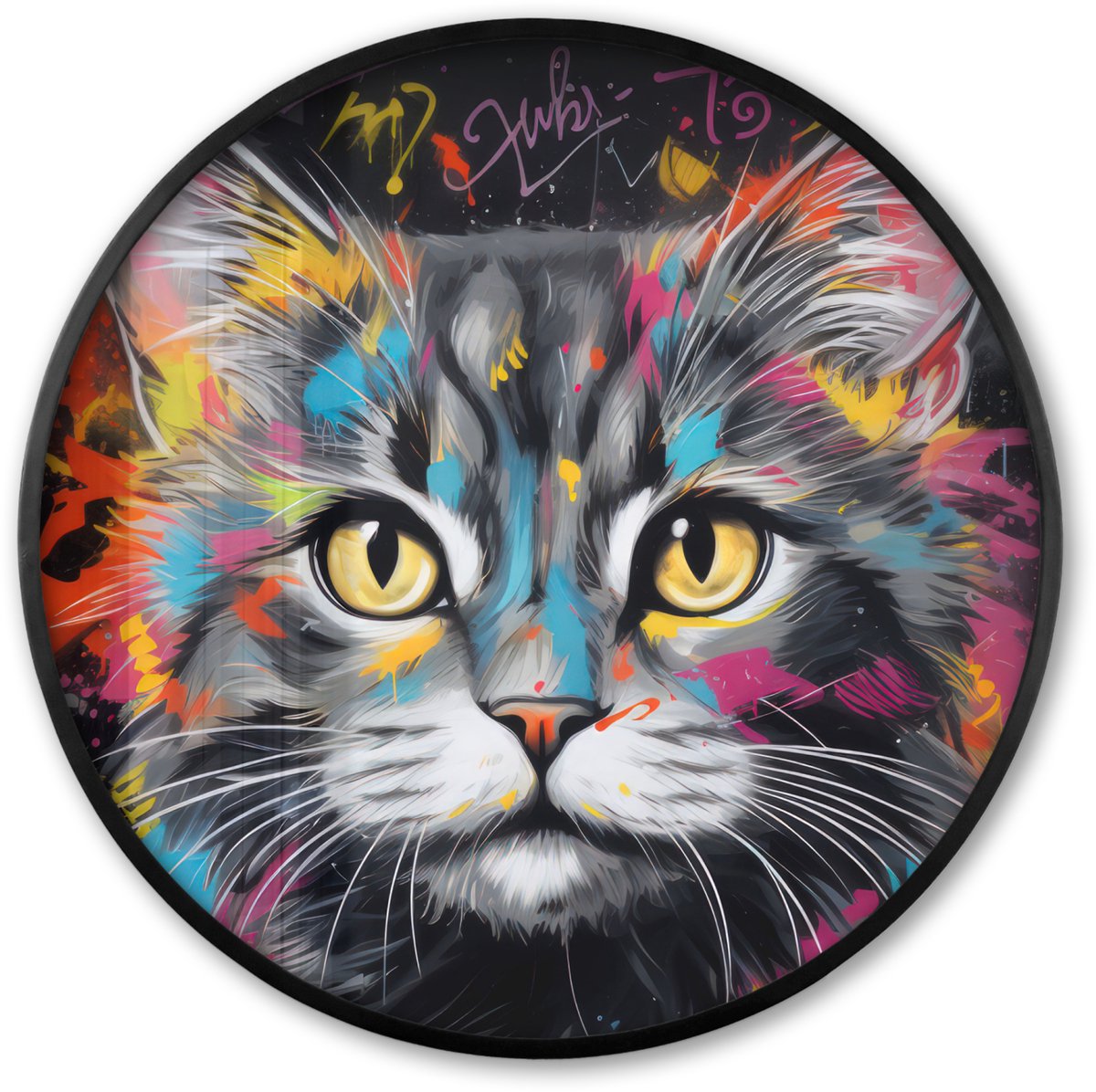 FrameYourWall Poster in lijst Rond - Fotolijst 80x80 cm - Posters - Kat - Graffiti - Dieren - Kleuren - Grijs - Ronde posterlijst zwart - Decoratie - Wanddecoratie woonkamer - Muurdecoratie slaapkamer Multi