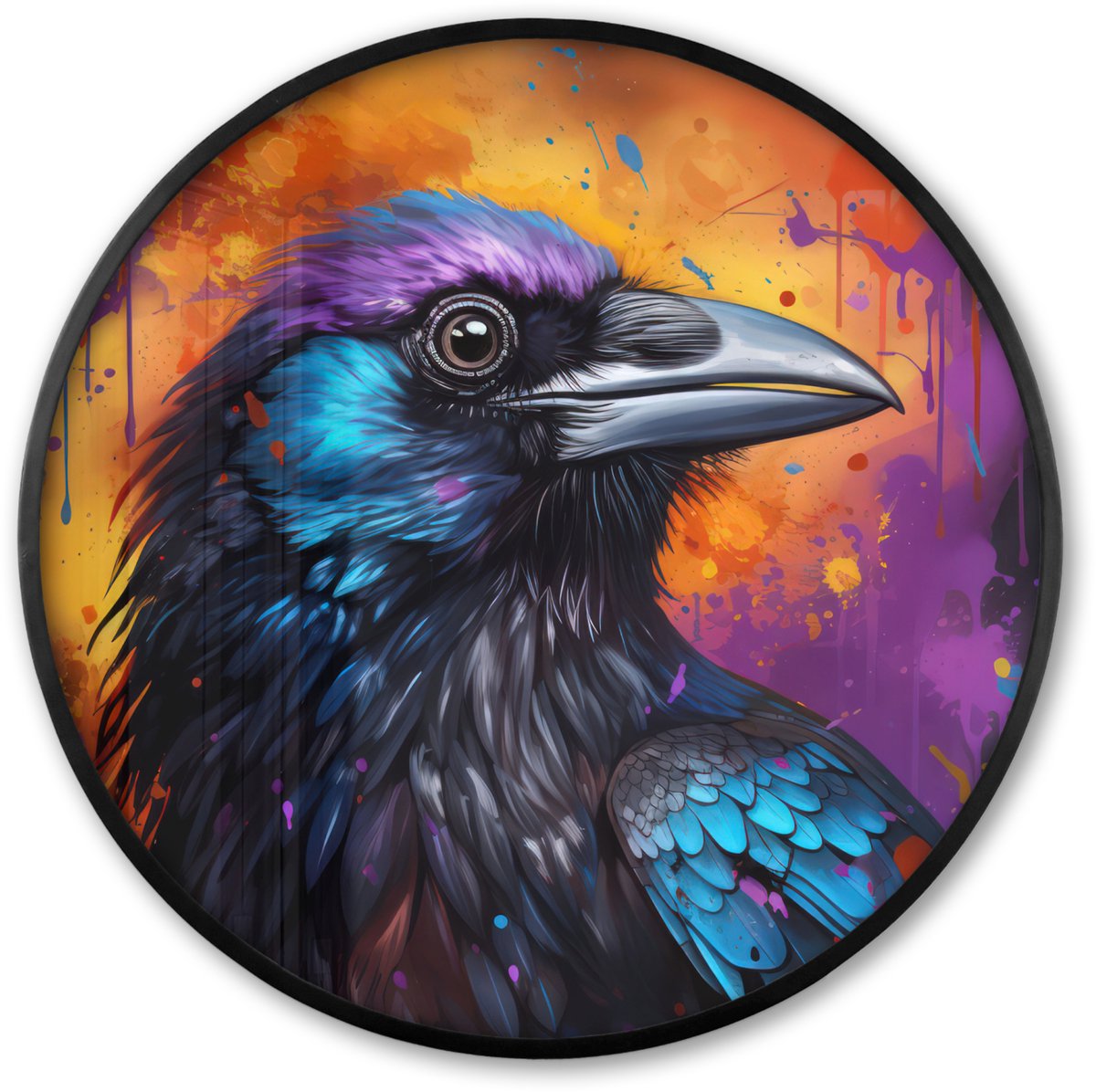 FrameYourWall Poster in lijst Rond - Fotolijst 60x60 cm - Posters - Vogel - Kraai - Graffiti - Zwart - Dieren - Ronde posterlijst zwart - Decoratie - Wanddecoratie woonkamer - Muurdecoratie slaapkamer Graffiti - Vogel