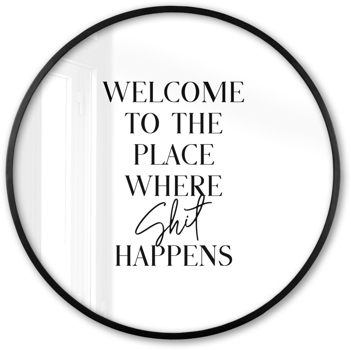 FrameYourWall Poster in lijst Rond - Fotolijst 80x80 cm - Posters - Quotes - Welcome to the place where shit happens - Wit - Humor - Ronde posterlijst zwart - Decoratie - Wanddecoratie woonkamer - Muurdecoratie slaapkamer