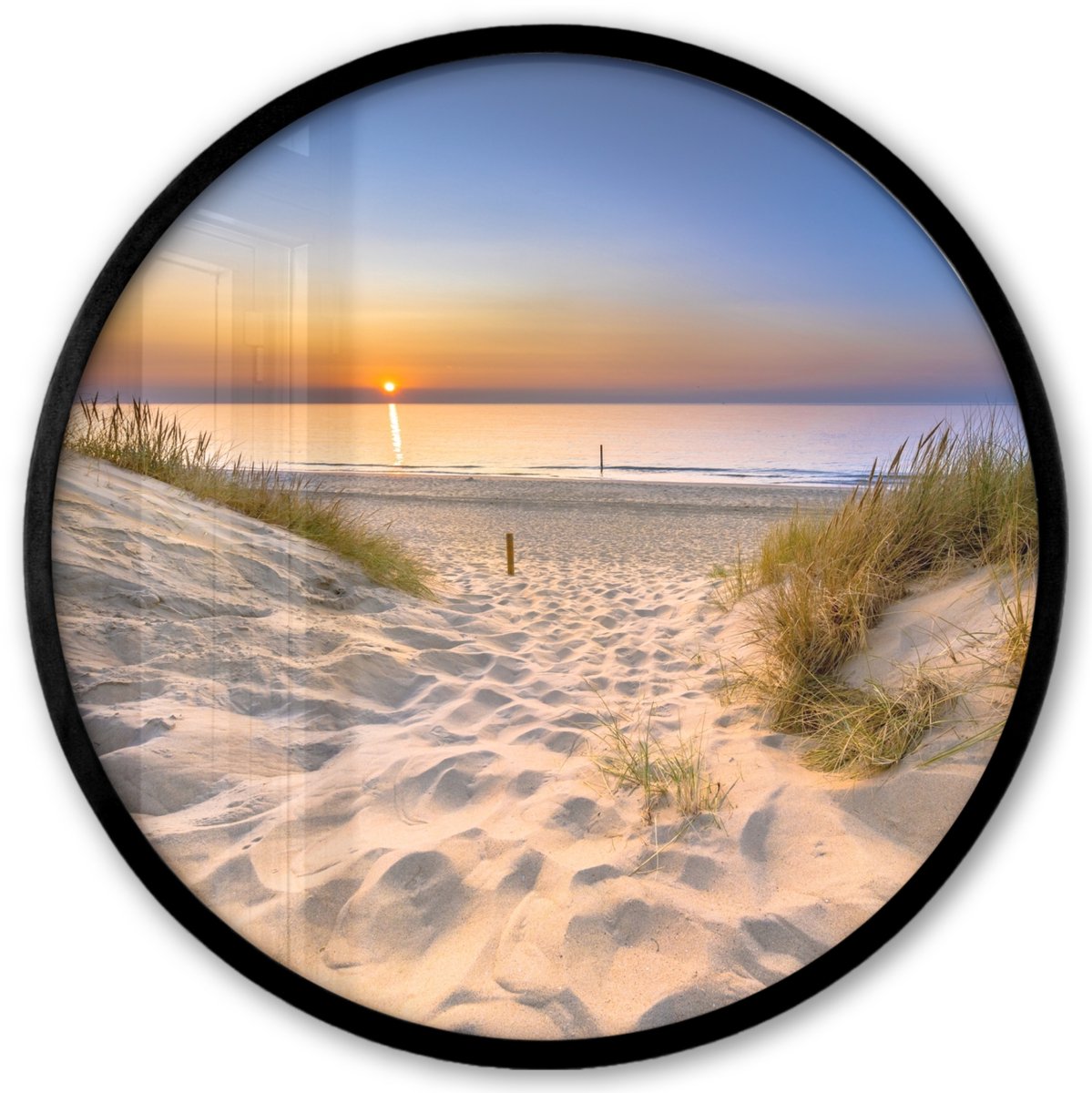 FrameYourWall Poster in lijst Rond - Fotolijst 40x40 cm - Posters - Duin - Zonsondergang - Horizon - Strand - Gras - Ronde posterlijst zwart - Decoratie - Wanddecoratie woonkamer - Muurdecoratie slaapkamer Zonsondergang - Zee